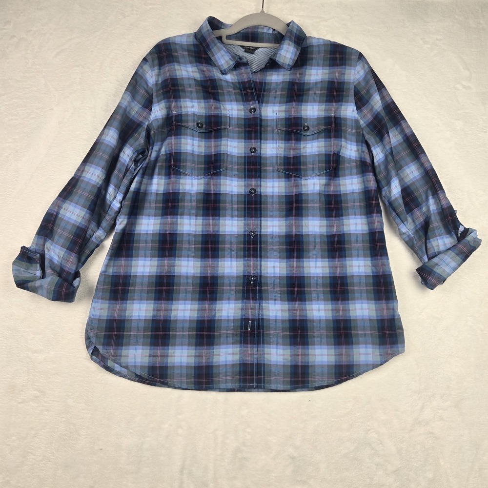 Eddie Bauer Women's Blue Pink Gray Plaid Button Up‎ Shirt Size Large Long Sleeve